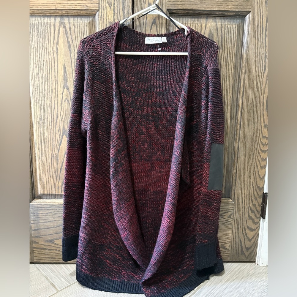 RD Style Maroon & Black Open Drape Cardigan Leather Patch Elbows